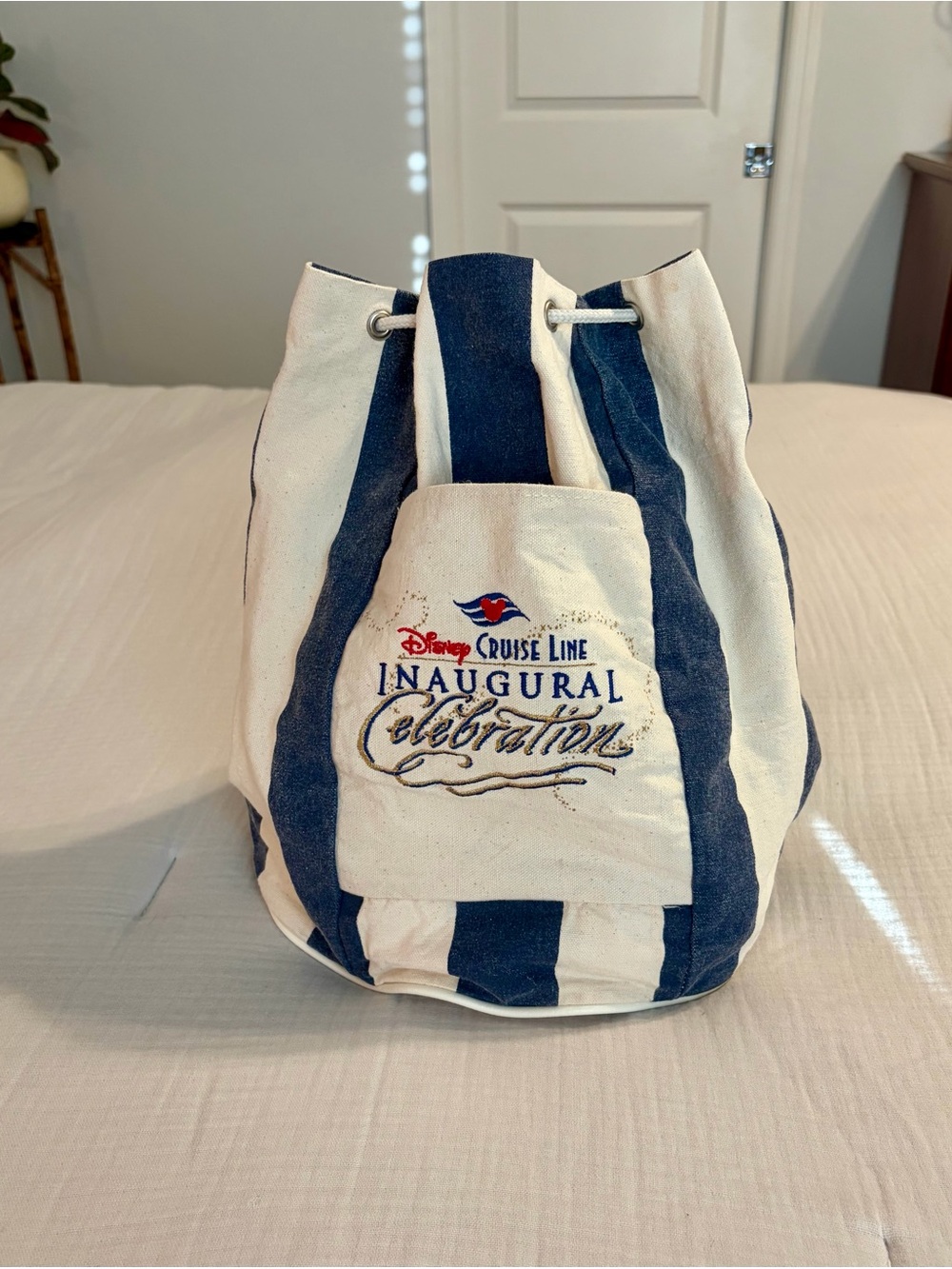 Vintage Disney Cruise Line Inaugural Sailing Canvas Drawstring Backpack Striped